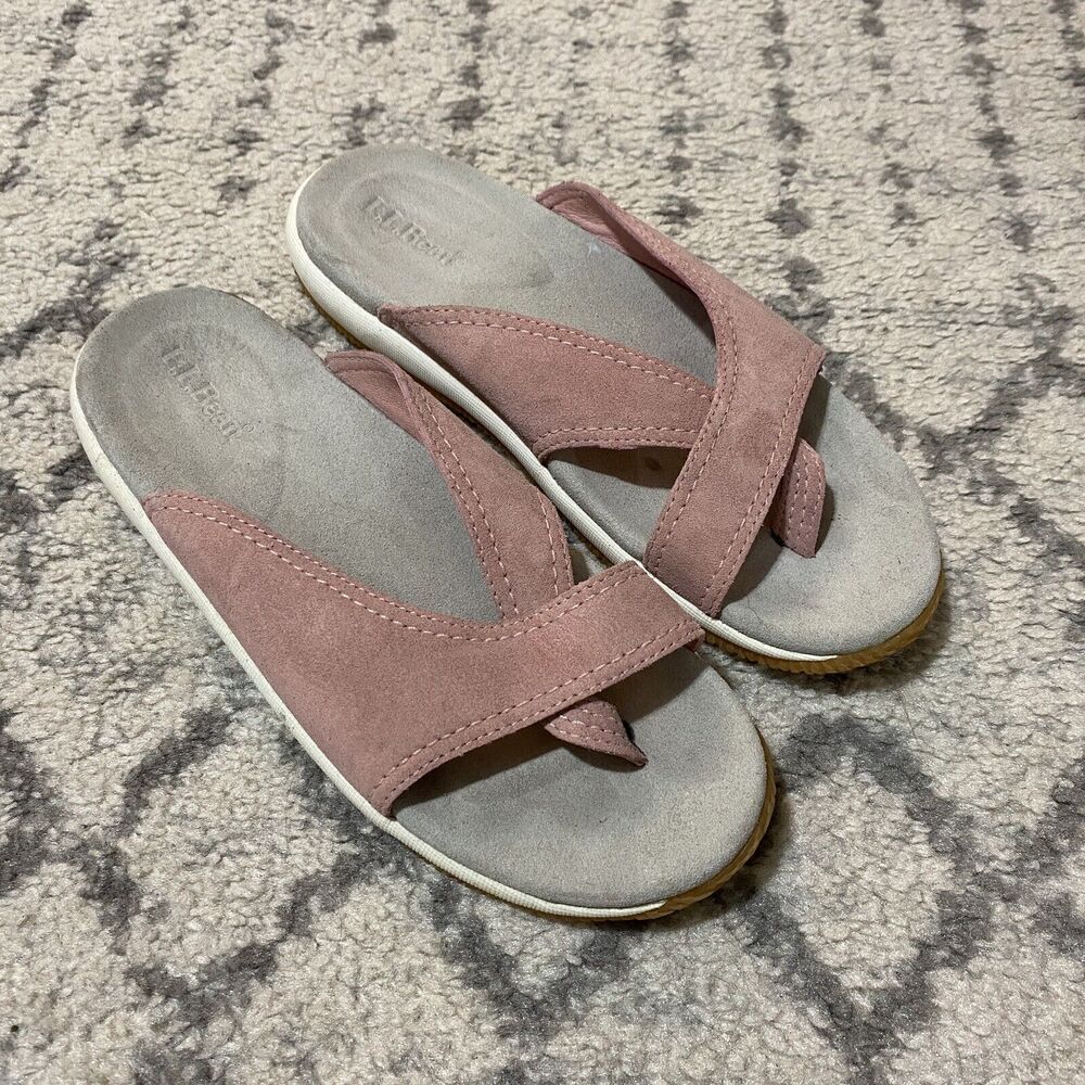 LL BEAN Womens Pink Suede Leather Criss Cross Toe Strap Slide Sandals Size 7 M